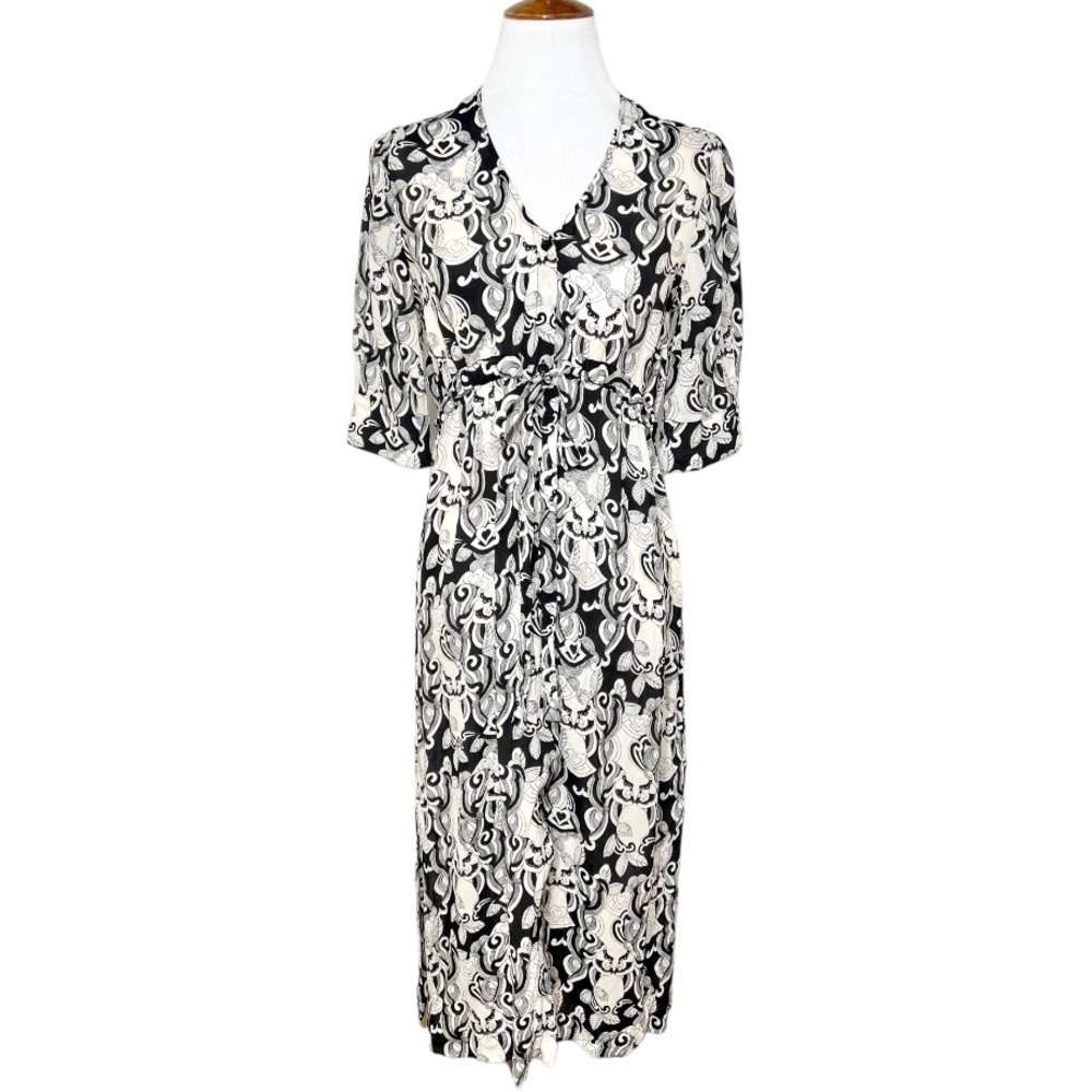 Chloé Whimsy Printed Silk Blend Tie Waist Short Sleeve Black White Shirtdress XS